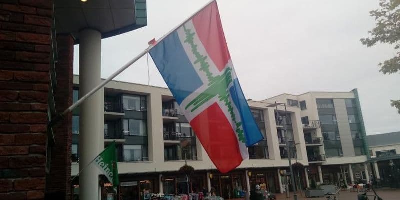 Bandera de Groningen con sismograma impreso por protesta de extracción de gas y terremotos